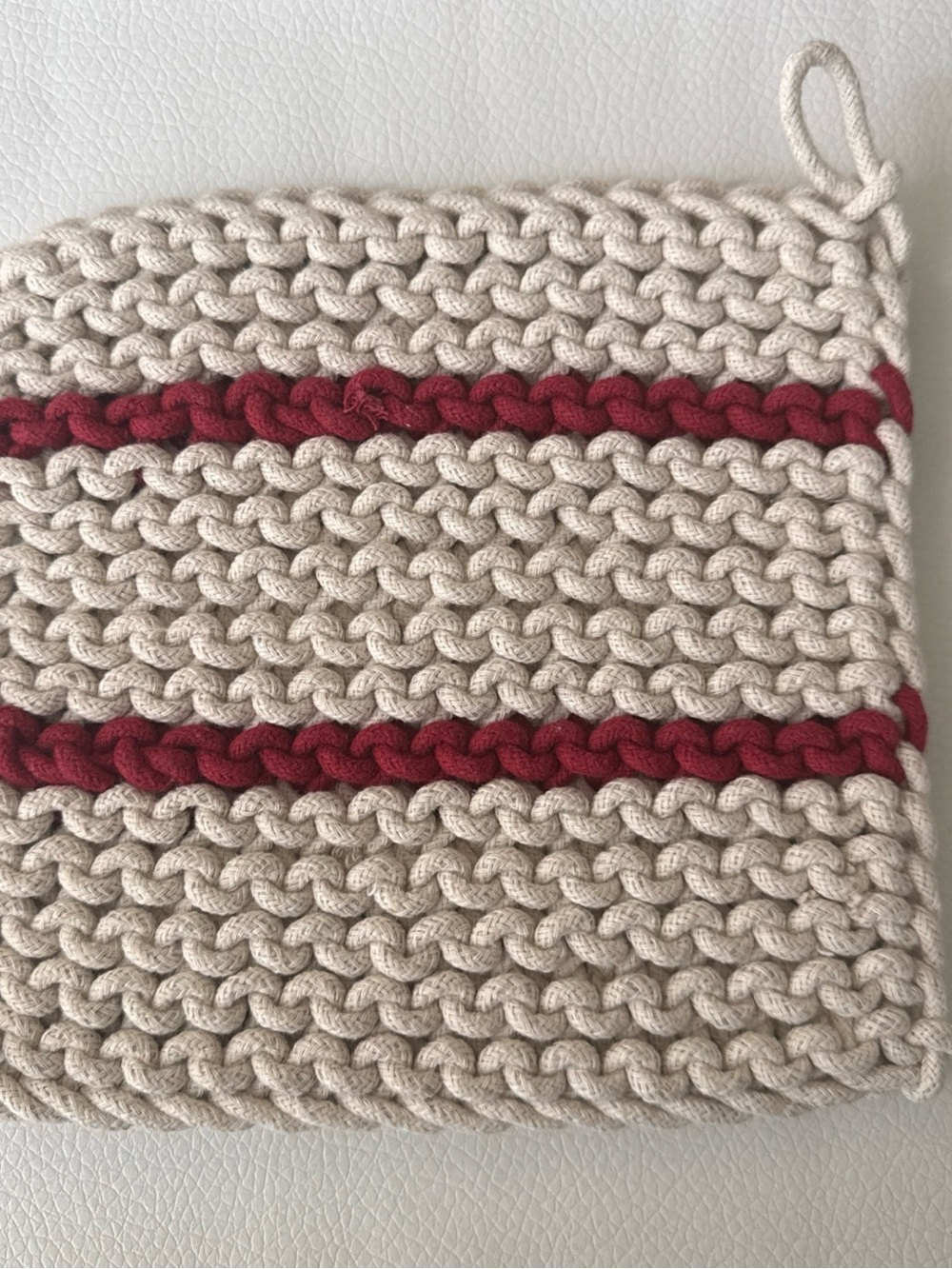 Handmade Knit Beige and Red Striped hit pad/oven mit/trivet
